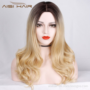 Aisi Hair Long Ombre Blonde Dark Root Middle Part Wave Wigs Heat Resistant Synthetic Fiber Cosplay Wigs for Black White Women